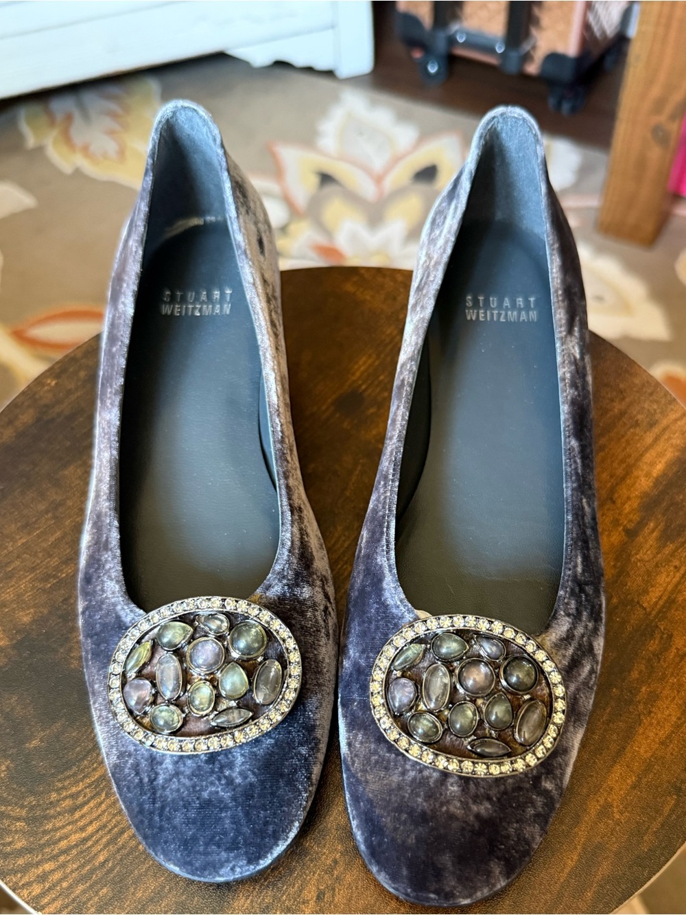 Stuart Weitzman NEW Sz 6 Women's Velvet Embellished Ballet Flats in Gray